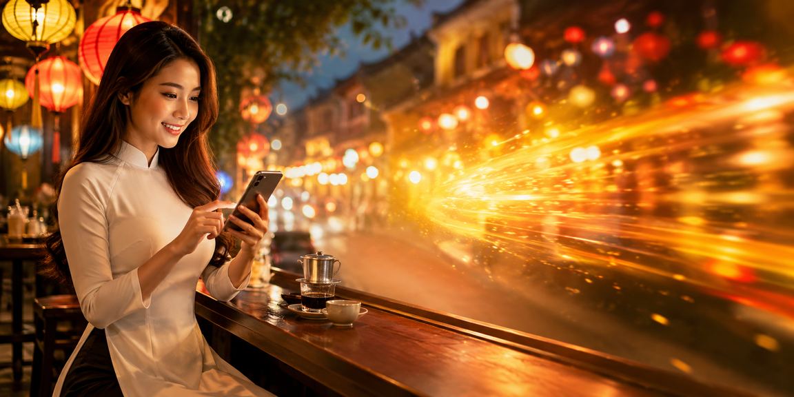 Khung cảnh cá cược và casino trực tuyến tại một quán cà phê Việt Nam ban đêm
